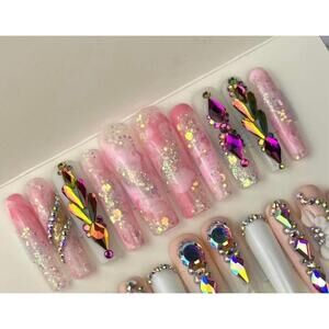 Extra long square press on nails pink marble rhinestones milky white ombré